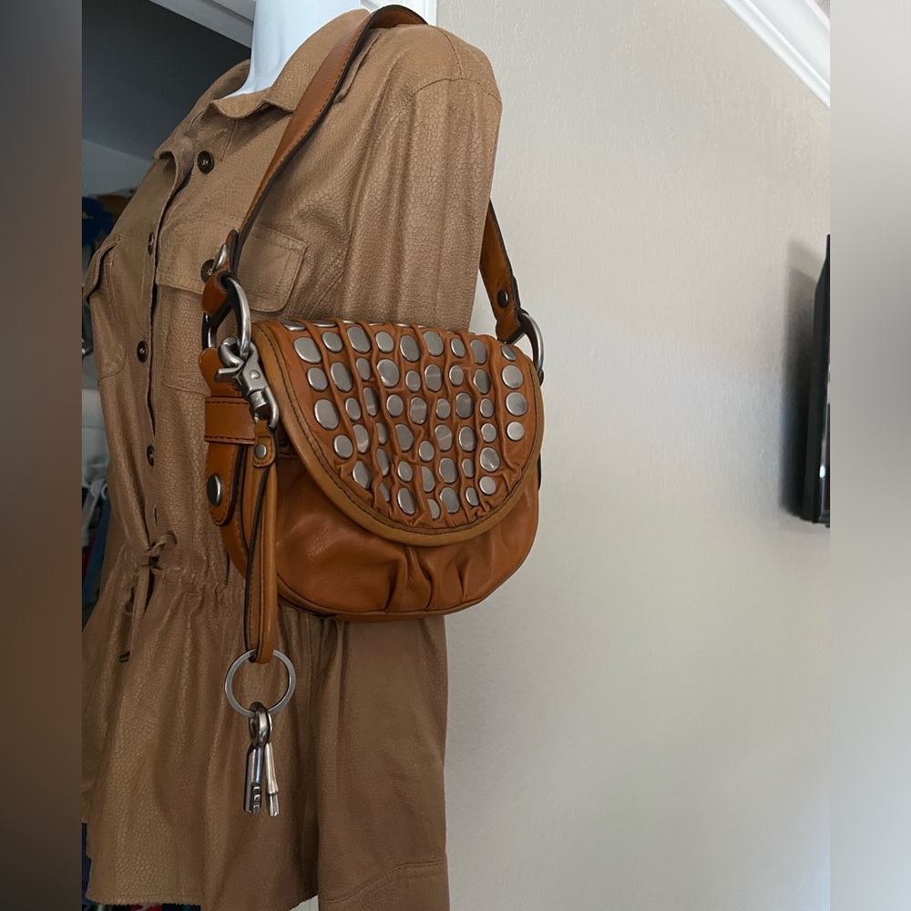 Fossil Fifty Four Fossil Small Rust Brown Leather Studded Handbag ZB1086C